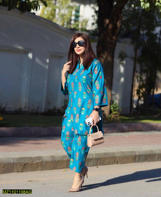 Women's Stitched Linen Block Printed Suit