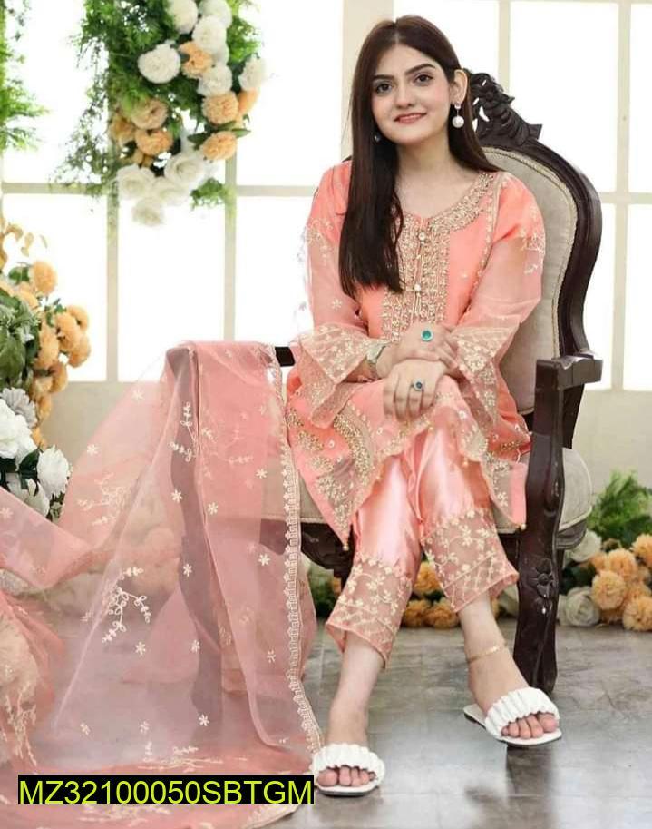 3 Piece Women's Stitched Organza Embordered Suit